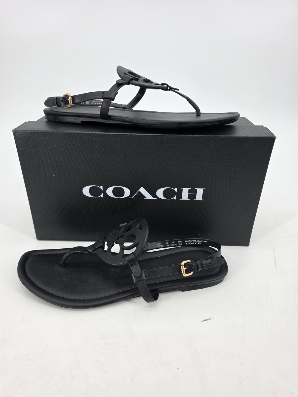 Coach Jaci Logo T-strap Flat Sandals Slingback Women's Black Leather Size 8